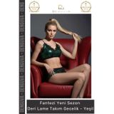Şık Fantazi Seksi Lüks Kaliteli Esnek Likralı Yeşil Deri Lame İkili Takım Gecelik