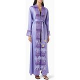 Şık Ipek Kaftan Elbise Dantel Işlemeli Uzun Kollu ve Metal Kemerli Tasarım - Mor - 40