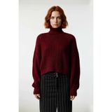 Şık Kadın Oversize Düz Bordo Balıkçı Yaka Crop Kesim 100% Akrilik Kışlık Triko Kazak Kaliteli -Bordo-S