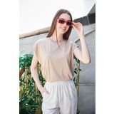 Şık Likralı Span Kumaş Kolsuz Geniş Sıfır Yaka Düşük Omuzlu Basic Tshirt Bluz-Koyu Bej