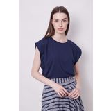 Şık Likralı Span Kumaş Kolsuz Geniş Sıfır Yaka Düşük Omuzlu Basic Tshirt Bluz-Lacivert
