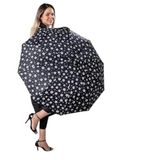 Şık Siyah Beyaz Çiçekli Fiber 10 Telli Tam Otomatik Rüzgara Dayanıklı Şemsiye, 105 cm Genişlik, 32 cm Kapalı Boy