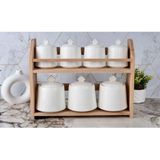 Şık Tasarımlı Kitchen Pembelia 7’li Porselen Baharat Saklama Kavanoz Seti Ahşap Standlı 8 Parça