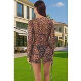Şık V Yaka Uzun Kollu Leopar Desenli Örme Mini Elbise Rahat Ve Şık Kaliteli İşçilik Modern Stil