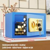 Silabor 20'lik Elektronik Şifreli ve Anahtarlı Çelik Para Kasası – Dijital Panelli, 31 × 20 × 20 cm - Mavi