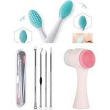 Sildne Dudak Peeling Fırçası & 4 Parça Kutulu Paslanmaz Çelik Komedon & Çift Taraflı Yüz Temizleme Fırçası - Aquamarine
