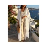 Sile Atelier Beyaz Kadın Nakışlı Kuşaklı Uzun Kimono Kaftan Beyaz Standart