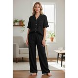 Sile Atelier Siyah Biyeli Şile Bezi Kısa Kol Pijama Takımı Kadın XL Siyah S