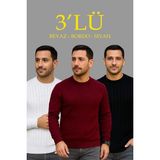 Silerra Erkek Fitilli Triko Bisiklet Yaka Kalın Kazak 3'lü Set Beyaz-Bordo-Siyah - Siyah - Beyaz - Bordo