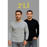 Silerra Erkek Fitilli Triko Kazak 2’li Set – Siyah & Gri, Kalın Dokuma Pamuklu Regular Fit Bisiklet Yaka Uzun Kollu Rahat Kışlık Kazak Kombini - Siyah - Gri