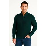 Silerra Erkek Yarım Fermuarlı Triko Kazak Selanik Örgü Dik Yaka Pamuklu Dokuma Regular Fit - Haki - 2XL