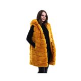 Silerra Kadın Kapşonlu Peluş Kürk Yelek Premium Kalite, Tam Astarlı, Uzun Model - Sarı