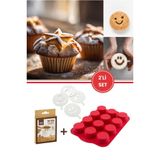Silicolife 12'li Silindir Muffin Kek Kalıbı ve Pasta Süsleme Şablonu, Kahve, Tatlı Şekillendirici Süsleme Aparatı Ikili Set