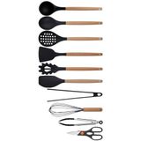 Silikon Ahşap Saplı Mutfak Gereçleri Seti, Siyah, Kepçe, Kaşık, Kevgir, Makarna, 2 Spatula, 2 Maşa, Çırpıcı, Makas - 10 Parça