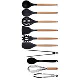 Silikon Ahşap Saplı Mutfak Gereçleri Seti, Siyah, Kepçe, Kaşık, Kevgir, Makarna, 2 Spatula, 2 Maşa, Çırpıcı, Silikon Kaşık - 10 Parça