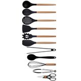 Silikon Ahşap Saplı Mutfak Gereçleri Seti, Siyah, Kepçe, Kaşık, Kevgir, Makarna, 2 Spatula, 2 Maşa, Çırpıcı, Silikon Kaşık, Makas - 11 Parça