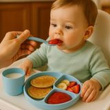 Silikon Bebek Mama Seti- 3 Bölmeli Mama Tabağı Bardak ve Kaşık Seti - Mavi