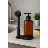 Silikon Bulaşık Fırçalı Standlı Sıvı Sabunluk - Deterjanlık 10X22 Cm Amber Şişe