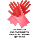Silikon Bulaşık Genel Temizlik Eldiveni Esnek-Ultra Dayanıklı 1 Çift Isıya Dayanıklı Eldiven Kırmızı Renk Tek Ebat Beden