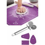 Silikon Hamur Açma Matı & Pizza Hamur Börek Kesici & 3'lü Hamur Pasta Dekorasyon Set | 5 Parça Set | - Çok Renkli