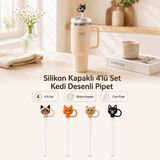 Silikon Kapaklı Cam Pipet Seti 4'lü, Kedi Desenli Cam Pipet, Yeniden Kullanılabilir Şeffaf Pipet - Çok Renkli