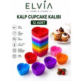 Silikon Mini Kalp Kek Kalıbı, Kalp Cupcake Kalıbı, Tekrar Kullanılabilir, Yapışmaz-12 Adet