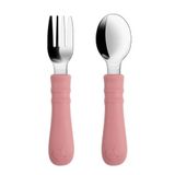 Silikon Saplı Paslanmaz Çelik Bebek Kaşık Çatal Seti (Pembe)