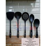 Silikon Spatula Kepçe 5'li Set, Isıya Dayanıklı, Sert Uç, Siyah Renk - Ahşap - Seçenek 1