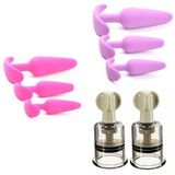 Silikon Üçlü Anal Tıkaç Seti Pembe + Silikon Üçlü Anal Tıkaç Seti Mor + Meme Ucu Emiciler 3 cm