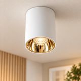 Silindir Sıva Üstü LED Spot Armatür, Modern Dekoratif Tavan Aydınlatması, Mercekli Tasarım – Beyaz Kasa - Gold - Sarı Işık