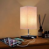Siljoy 2 USB Şarj Portlu Modern Masa Lambası, Bej Kumaş Abajurlu Komidin Başucu Masa Lambası, Çekme Zinciri Anahtarı ve Siyah Ahşap Taban, Yatak Odası için Lambaların Yanında Ortam Işığı, Oturma Odası