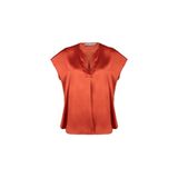Silk And Cashmere Turuncu Monica Saf Ipek V Yaka Kısa Kollu Bluz, Turuncu, S