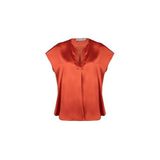 Silk And Cashmere Turuncu Monica Saf Ipek V Yaka Kısa Kollu Bluz, Turuncu, Xl