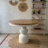 Silla Boğum Ayaklı Masa Naturel Ahşap Yuvarlak Üst Tablalı Beyaz Ayaklı Açılır Masa (Çap 100 Cm) - Naturel - Beyaz