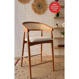 Silla Gazel Bar Sandalyesi Teddy Krem Kumaş Hasırlı Naturel Ahşap Ada Sandalye