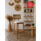 silla Zion Bar Sandalyesi Teddy Krem Kumaş Hasırlı Naturel Ahşap Ada Sandalye
