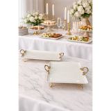 Sillage Home 2 Parça Porselen Sunum Tabağı Seti Metal Döküm Ayaklı & Kulplu (30 cm Kare + 35x15 cm Dikdörtgen)
