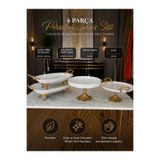Sillage Home 4 Parça Porselen Servis Seti Gold Kulplu Ayaklı Sunum Seti | Büyük Kayık Tabak, Küçük Kayık Tabak, Servis Tabağı ve Kase