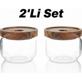 Silva Nature Ahşap Akasya Kapaklı 300 ml Cam Kahvaltılık – Yuvarlak Cam Kavanoz 2'li Set - Renkli