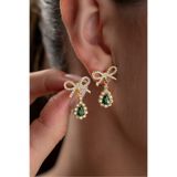 Silvano Jewelry 925 Ayar Gümüş Altın Kaplama Fiyonklu Zümrüt Yeşili Küpe