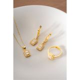 Silvano Jewelry 925 Ayar Gümüş Altın Kaplama Yüzük Küpe Kolye Baget Set