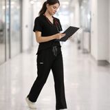 Silvatica Premium Workwear Kadın V Yaka Üst | Premium Medikal Scrubs Hemşire ve Doktor Forması Hastane Üniforması Cerrahi Üst - Siyah - XL