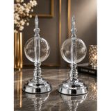 Silver Crystal Cam Küre Dekoratif Obje Seti – Gümüş Metal Modern Salon & Ofis Aksesuarı (2'li)