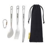 SILVERANT Titan 3 parçalı çatal bıçak takımı, ekstra güçlü, ultra hafif, dayanıklı bıçak, çatal ve kaşık, dış mekan, kamp, yürüyüş için sofra takımı, ipli çanta ve titanyum karabina ile
