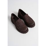 Silverstone Shoes Kadın Süet Acı Kahve Kalın Tabanlı Ayakkabı Oxford Makosen Loafer - Kahverengi-001