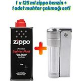 Silvio Monetti Avusturya Yapımı Benzinli Muhtar Çakmağı ve 125 ml Zippo Benzinli Set Gri Renk