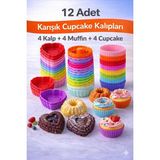Silvora Silikon Karışık Mini Kek Kalıbı, Muffin + Kalp + Cupcake Kalıbı, Tekrar Kullanılabilir-12 Adet - 001-Renkli