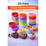 Silvora Silikon Karışık Mini Kek Kalıbı, Muffin + Kalp + Cupcake Kalıbı, Tekrar Kullanılabilir-24 Adet - 7 x 4 cm