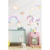 Sim Tasarım Pastel Unicorn - Gökkuşağı Kuşlar Ve Kalpler Duvar Sticker Seti - Sim756
