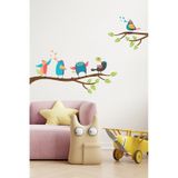 Sim Tasarım Rengarenk Neşeli Kuşların Dansı Ağaç Ve Dallar Dekoratif Çocuk Odası Duvar Sticker